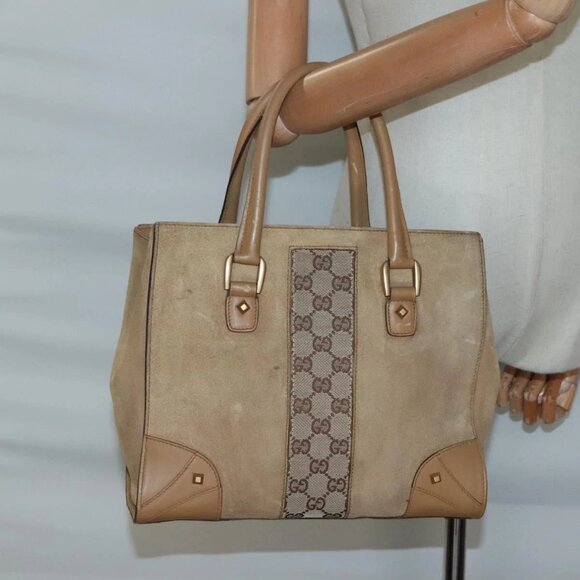 GUCCI GG Canvas Hand Bag Suede Beige 120895 Auth BA4966 - Picture 1 of 15